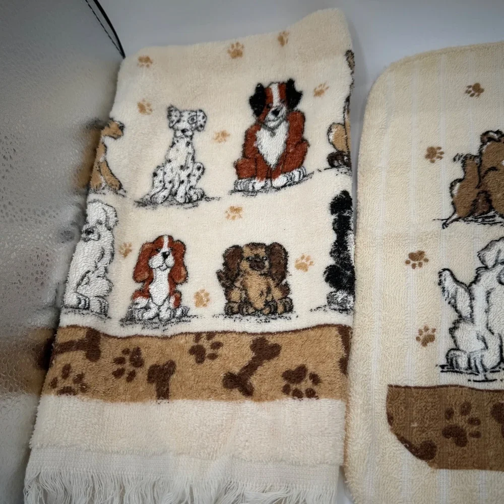 Vintage Cecil Saydah Puppy Dog Hand Towel Washcloth Set Cream Cotton 90s Decor